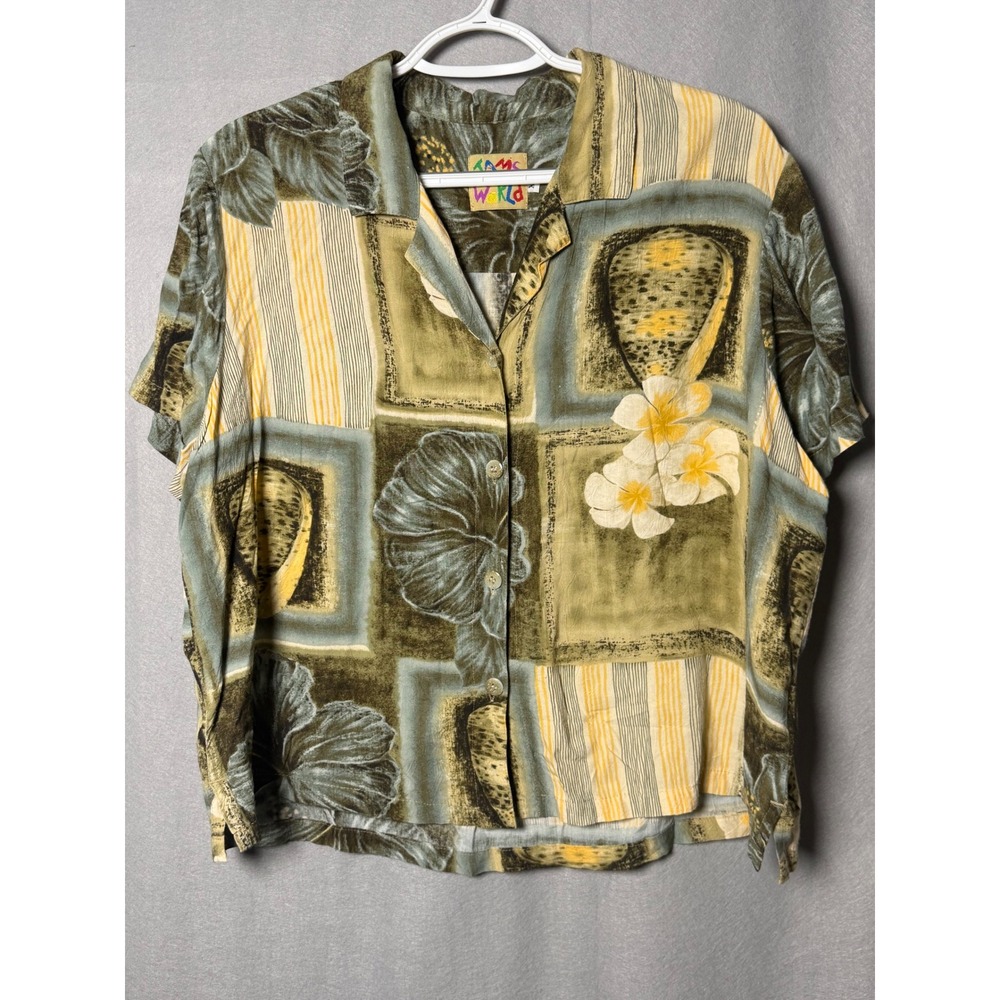 Jams World Womens XL Rayon Aloha Shirt Tropical Floral Patchwork Made in Hawaii